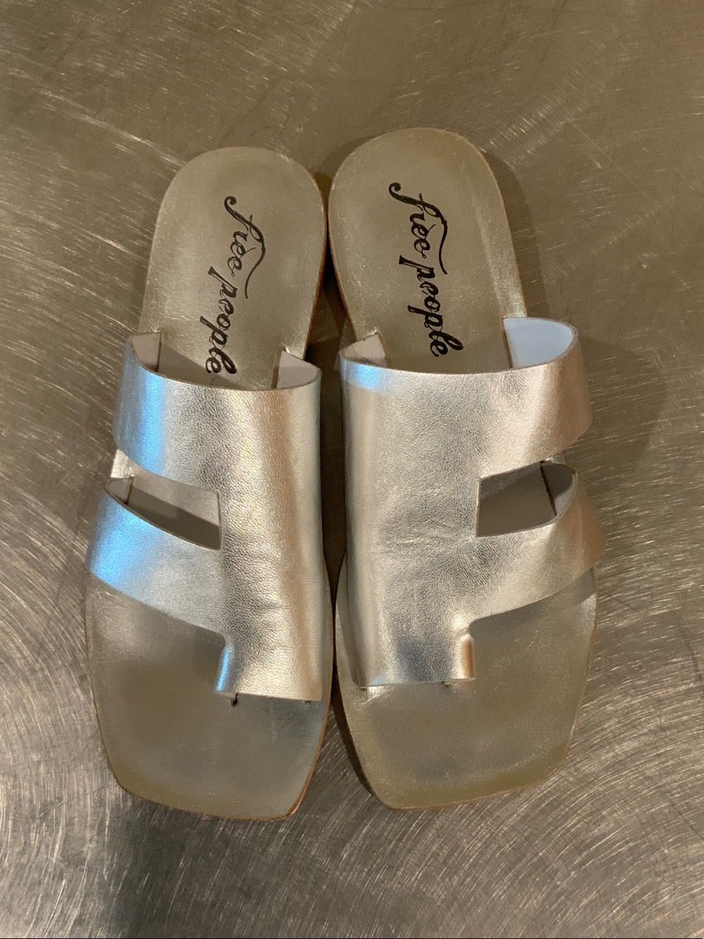 Free People Metallic Silver Double-Strap Slide Sandals